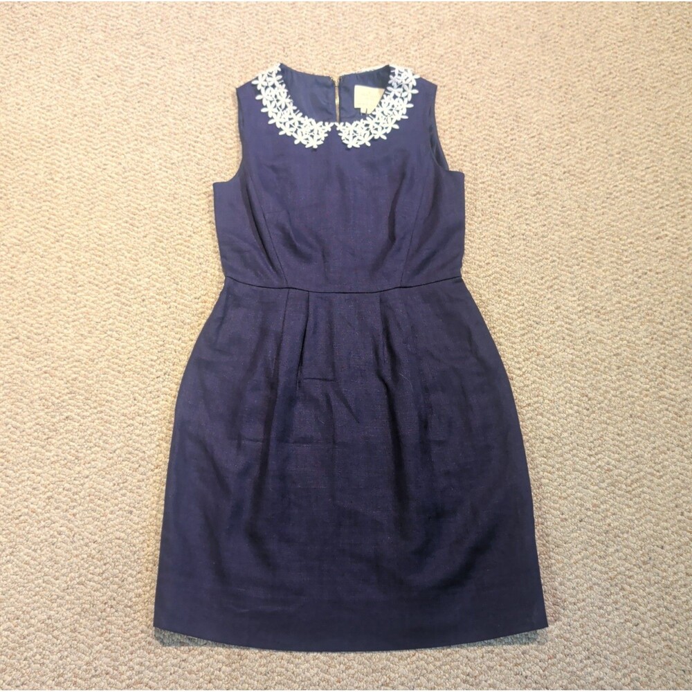 Kate Spade Tiff Sheath Dress Womens 4  Navy Blue Foral Lace Collar Linen Blend